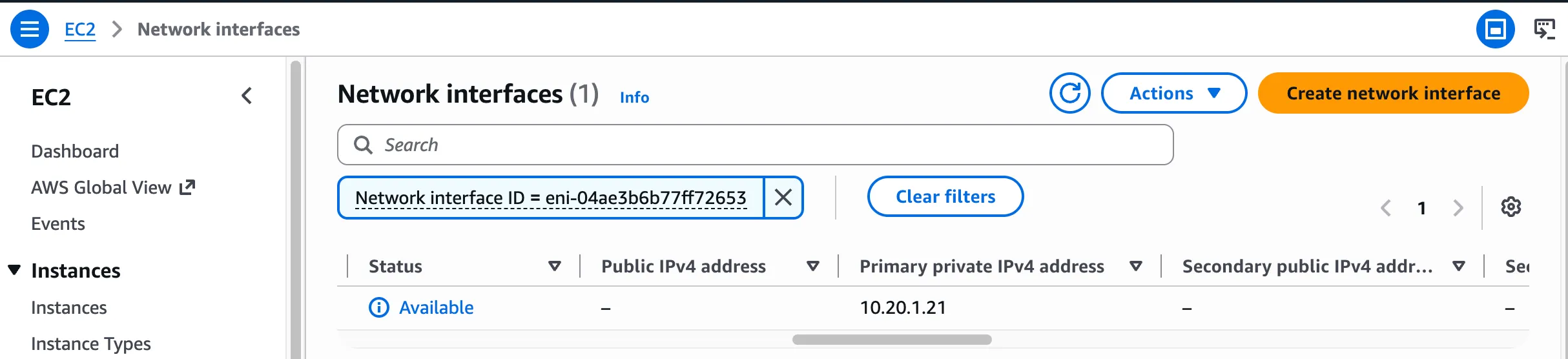 The primary private IPv4 address of an AWS network interface