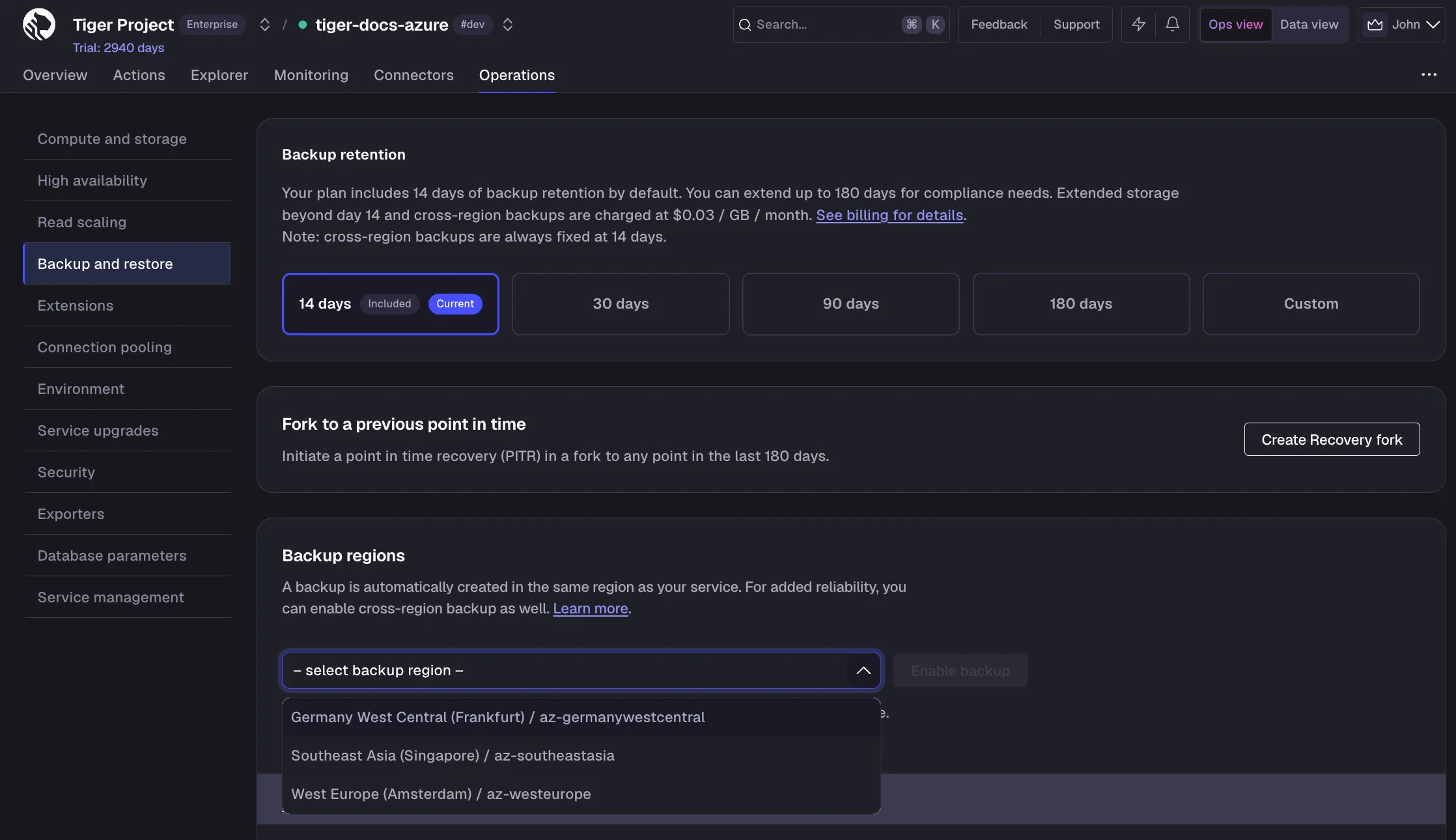 Creating a cross-region backup in Tiger Console