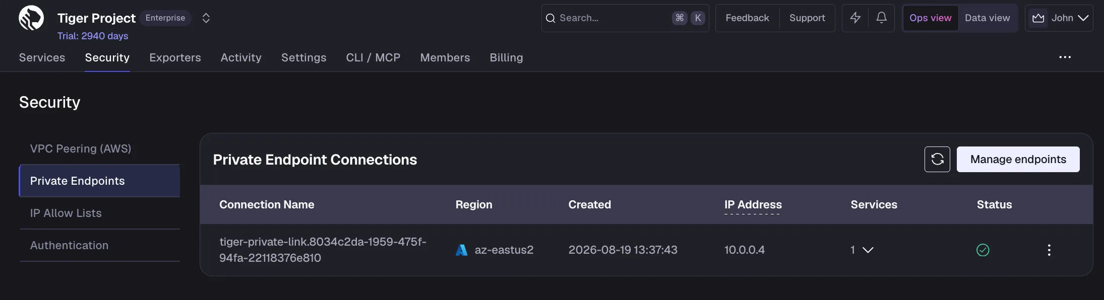 A private endpoint connection with an IP address and an attached service